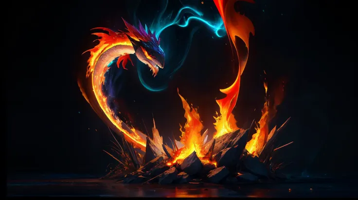 a fire dragon with a heart shaped tail and flames in the background