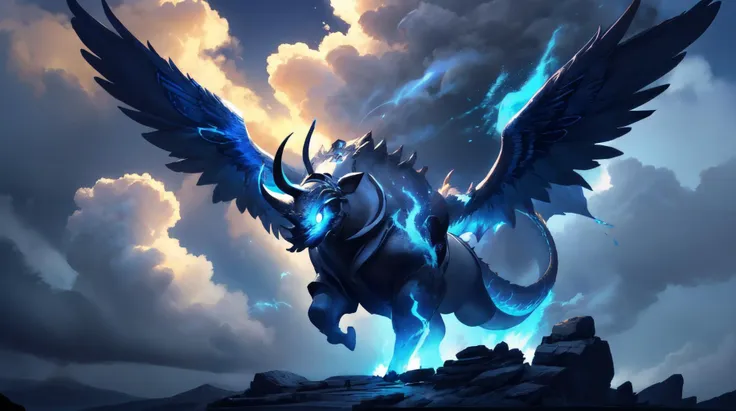 a blue and black dragon with wings flying through the sky