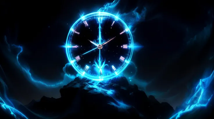 a close up of a clock with blue lightnings in the background