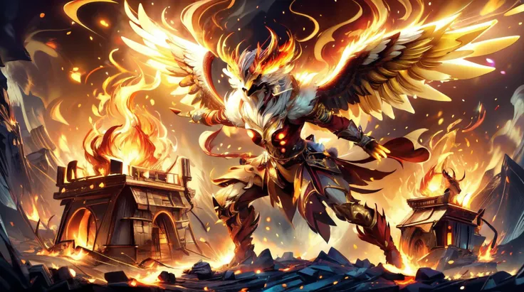 a picture of a demonic angel with a sword and fire