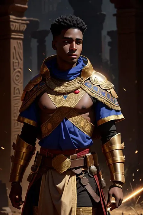 a 22-year-old-boy, wearing an ancient Nubian cloth war uniform draped over hazel body armor, (artstation:0.8), insane details, soft lighting, refraction, Ultra HD, magic landscape, (film grain:1.3, masterpiece:1.2), cinematic atmosphere