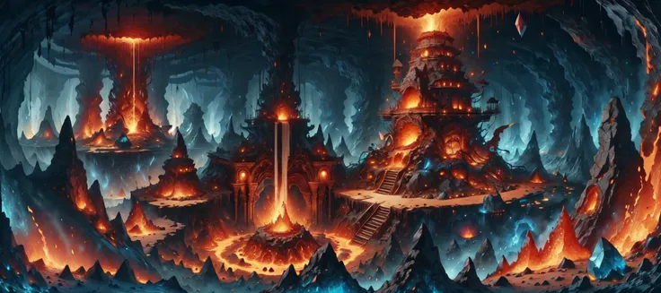 masterpiece, best quality, expressive eyes, absuredres, <lora:Dwarvenworld:1> dwarvenworld, volcanic wasteland filled with crystals with molten rock, fire, lava, magma, underground,