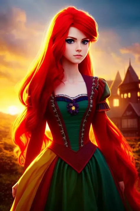 a woman with long red hair wearing a green dress and red hair