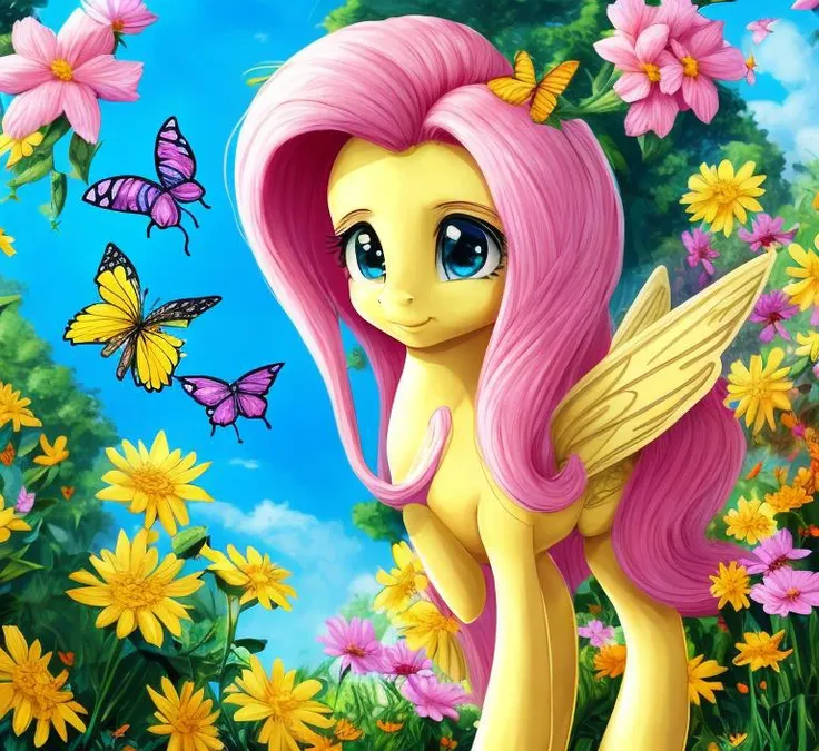 8k, highly detailed and intricate, beautiful, sunny day, ((fluttershy)), [flowers], butterflies