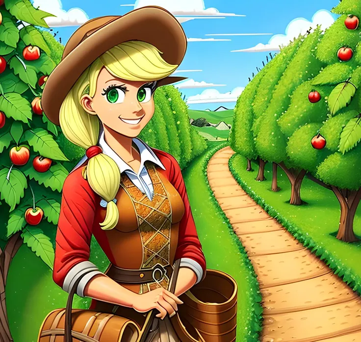 2d, illustration, cartoon, insanely detailed and intricate, green eyes,closeup, ponytail, hat, ((applejack)), apple trees, dirt ...