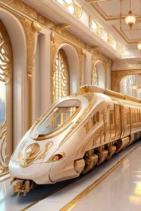 araffe in a large room with a gold ceiling and a white train