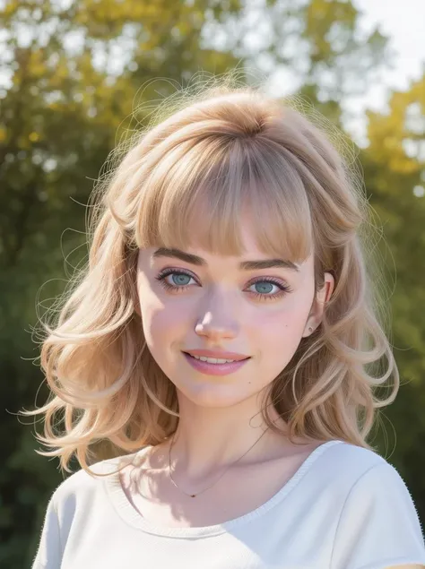 a close up of a woman with blonde hair and blue eyes