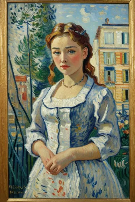 a painting of a woman in a white dress standing in front of a building