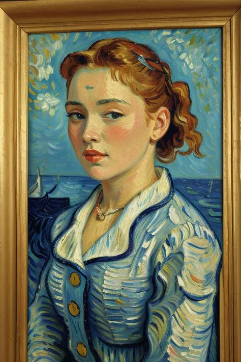 a painting of a woman in a blue dress and a sailboat