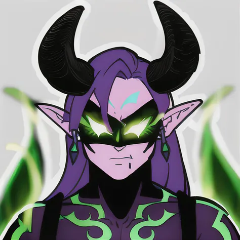 anime character with horns and green eyes in front of a white background