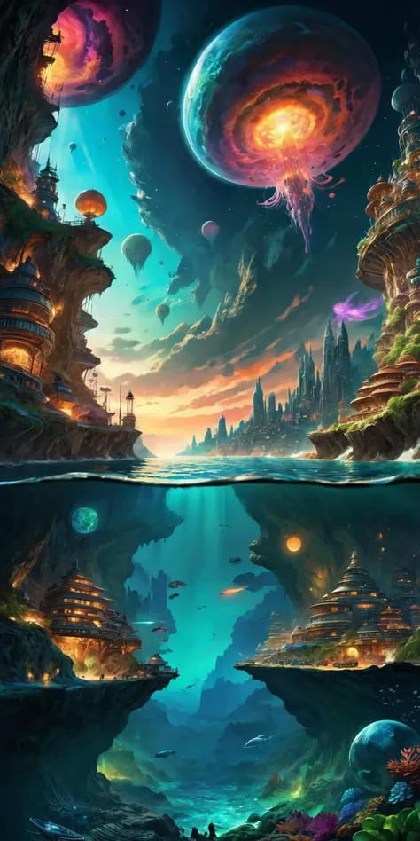 breath taking sky filled with moons and aurora and galaxies and polychromatic clouds,lush jungle and city,above futuristic planet covered in mega cities,buildings reaching out into space,in front of the city is a deep ocean,under the ocean we see abandoned...