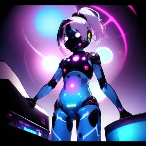 a close up of a person in a futuristic suit with a light on