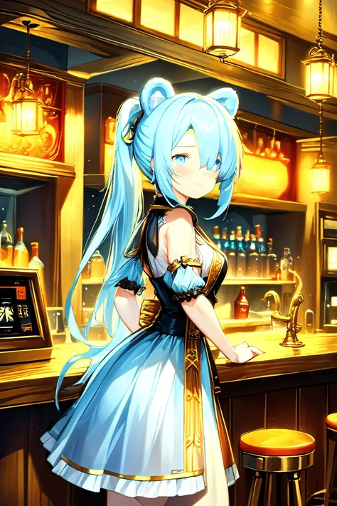 1girl, bear ears, gas station, ponytail, antenna hair, light blue hair, (no eyes:1.3401),, dress, :<>, fantasy tavern, medieval ...