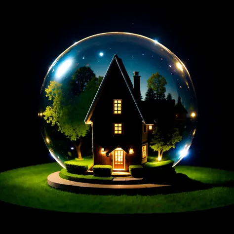 mini house, landscape, old fashion, nature, night light, a bubble, in the bubble, high detailed, masterpiece, best quality, <lora:Bubble_Sora:0.4>, (masterpiece,best quality:1.5)