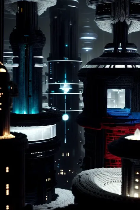 <lora:WorldofCrochet:1>, wocrochet, Futuristic dystopian city viewpoint featuring biomimetic architecture, black, white, red, blue