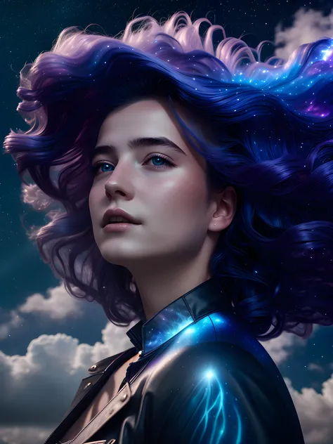 girl dissolve in the sky, hair become nebula, octane render, 16k uhd, sharp focus, hyperrealism, 32k, masterpiece, cinematic lighting, hard shadows,