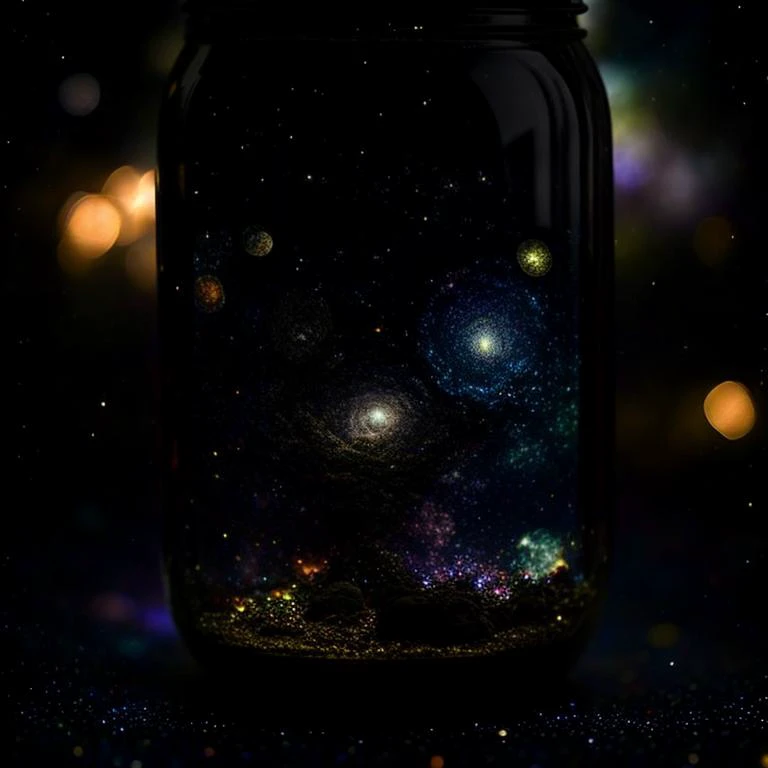 masterpiece, RAW digital photo of a mason jar with a tiny miniature universe, sharp focus, dark shadows, lit from above, highly detailed, hdr, uhd, 8k, ultra realistic, light reflections, trending on artstation