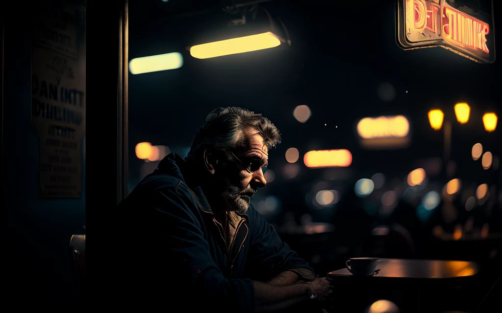 dark of night, man sitting in a diner, street lights, bokeh, depth of field