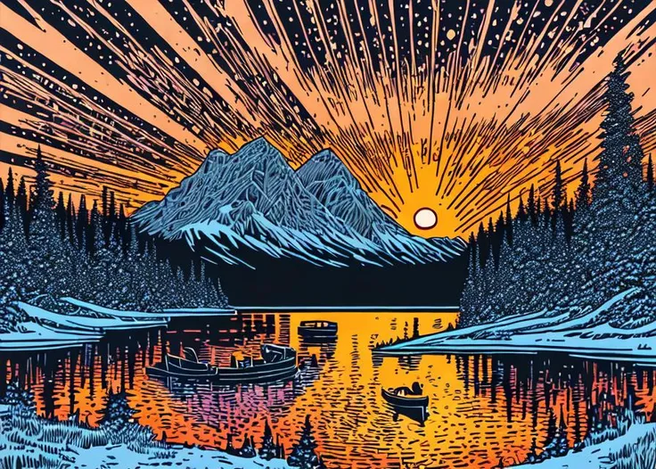 a grand lake, magical, sunset, winter, linocut, studio quality, highres, realistic, professional, sharp focus