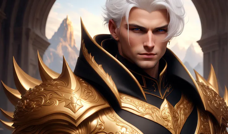 male Paladin wearing ((black and gold):1.4 armor) ,(white hair):1.2, (mountains in the background)1.6, fantasy,highly detailed, digital painting, highres