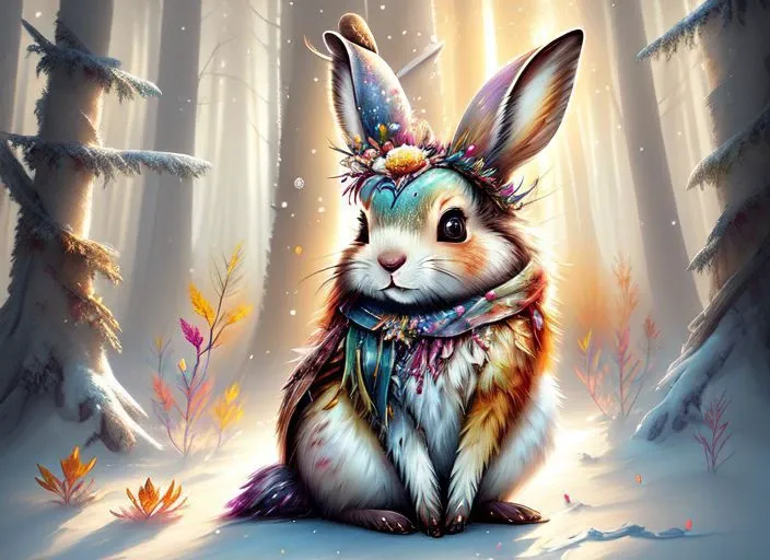 style-paintmagic a cute bunny in a forest, soft colors, winter, breathtaking, digital painting, realistic, masterpiece, volumetric lighting