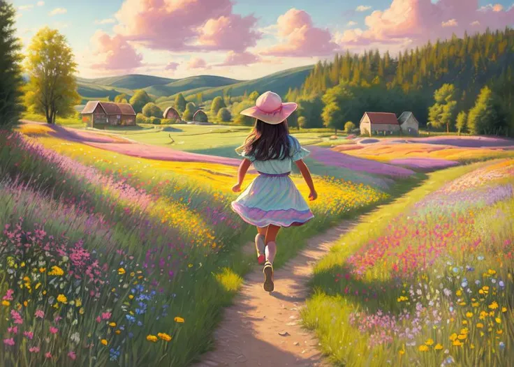 pastel painting of a cottagecore latina girl skipping in a beautiful meadow, UHD, professional, warm lighting, cozy, pleasant, vivid colors, hat, facing away, flowers