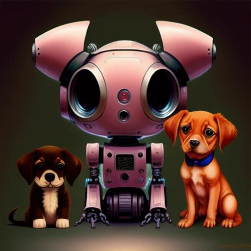 A  robot next to a  puppy,  whimsical character design, eve ventrue, patrick brown, alain laboile, booru, pink, cartoony characters