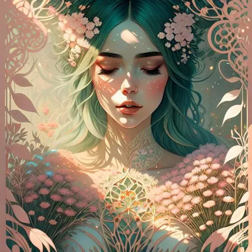 Close-up shot of Enchanted Garden, Pastel Art in Conrad Roset style, Hypnotic, Nebulous, Celestial, ethereal beauty, masterpiece, surreal masterpiece, award-winning, Sepia, Rainbow