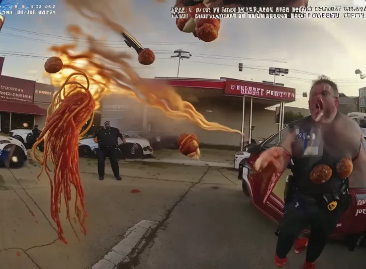 POV bodycam footage of (((a screeching spaghetti demon launching meatballs and marinara at police officers))) outside the combination DMV/Laundromat/Waffle House, epic composition, action scene, chaos <lora:PoliceBodycamFootage:1>