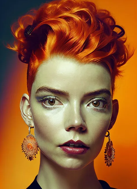 portrait of sks woman by Flora Borsi, style by Flora Borsi, bold, bright colours, orange Mohawk haircut, ((Flora Borsi)), <lora:locon_anya_v1_from_v1_64_32:1.3>