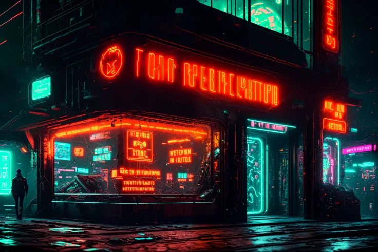 cyberpunk building, neon, 80s inspired, dystopian, retro-futurism,