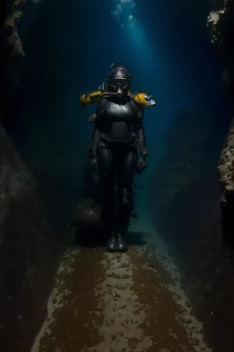 dark, 1girl, scuba diver, mask, helmet, huge breasts, swimming, full body, cave, depths-fc, undersea, <lora:depths-fC_v1.0:0.7>