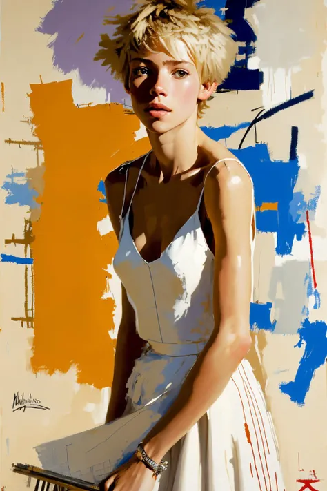 Masterpiece, best quality,
1 woman, blonde, leaning forward, from below, claymore ,pale skin, bobcut,
(photo by Andre Kohn, Jean-Michel Basquiat)