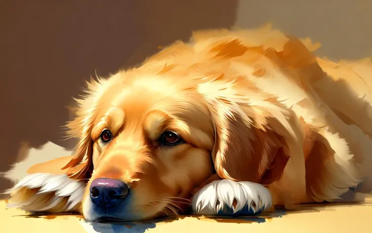 drybrush speed painting of a cozy golden retriever resting, paint brush strokes+, warm