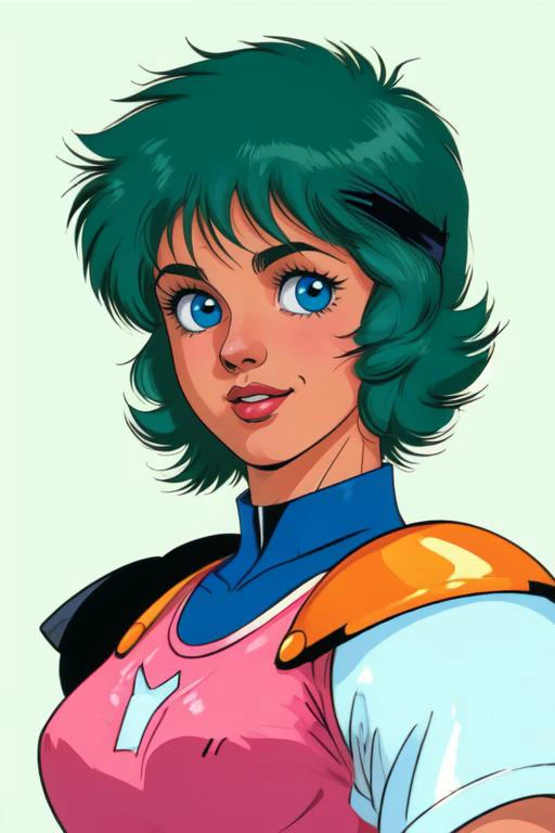 1girl, solo, green hair, retro artstyle, open mouth, white background, headgear, simple background, 1980s (style), smile, blush, short hair, blue eyes, armor, bangs, looking at viewer, upper body, helmet <lora:toshihiro_V73:1>