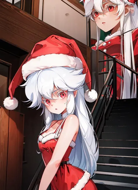 ((best quality)), ((highly detailed)), absurdres, extremely detailed face, beautiful face, (detailed eyes, deep eyes), (1girl), sexy position, ((santa dress, santa hat, maxi dress, <lora:EraseGroinSkirt:1>)), albino, white hair, ((very long hair)), red eye...