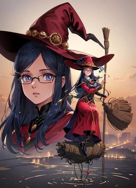 ((best quality)), ((highly detailed)), masterpiece, absurdres, extremely detailed face, beautiful face, (detailed eyes, deep eyes), <lora:more_details:.2>, (1girl), (glasses), dynamic pose, full body, witch, witch hat, broom, (outside, on a floating island...