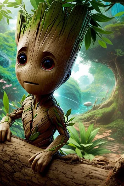 (anime), (illustration), cartoon, detailed,  <lyco:groot_v2:0.7>, groot, jungle background