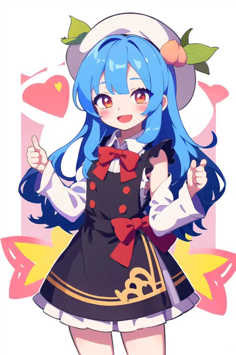 1girl,hinanawi tenshi,long hair,solo,blue hair,> <, bow, open mouth, hat, black headwear, smile, short sleeves, red bow, white background, shirt, simple background, white shirt, bowtie, blue skirt, fruit, peach, :d, blush stickers, skirt, closed eyes, red ...