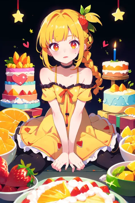 masterpiece,best quality,braid,1girl,solo,food,candle,fruit,orange (fruit),long hair,bow,black background,gift,orange theme,cake,hair bow,heart,orange eyes,orange slice,bottle,dress,star (symbol),braid,v arms,ribbon,strawberry,blonde hair,orange hair,bangs...