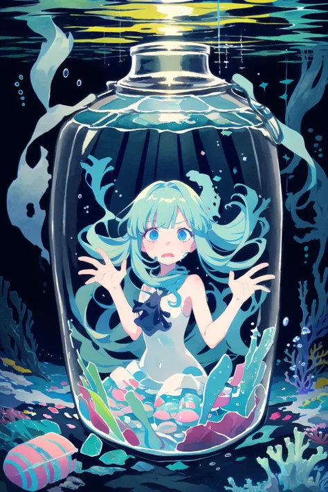 (imid shot:0.95),(full body:1.25),Dynamic angle,[Bottle bottom],
(official art:1.2),
//,
mid shot,full body,
//,
(illustration),(watercolor:1.05),(((an extremely delicate and beautiful))),(water:1.3),
//,
(Deep-sea phobia:1.5),(Deep-sea:1.5),The drowning g...