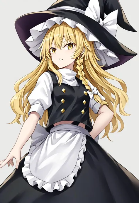 1girl, kirisame marisa, blonde hair, yellow eyes, single braid, witch hat, white ribbon, black skirt, black shirt, short sleeves, waist apron, white sleeves
masterpiece, best quality, very aesthetic, absurdres,