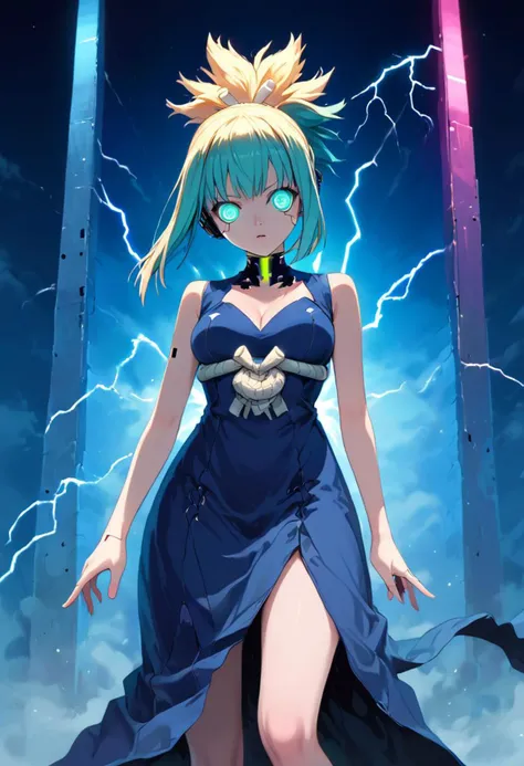 a woman in a blue dress standing in front of a lightning