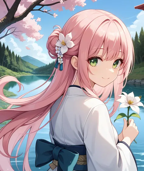 1girl, score_9, flower, long hair, tree, water, white kimono, outdoors, green eyes, scenery, lake, pink hair, long hair, smile, sky, looking back, upper body,  holding flower,