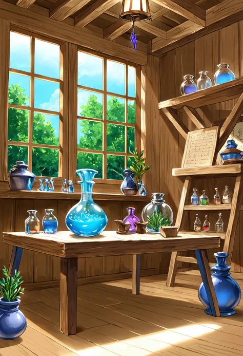 score_9, indoors, cottage, wooden house, alchemist interior, fantasy BREAK
no humans, table, transparent vase, blue water, vase with purple lilac, mixtures, potions, flasks, herbs hanging on wall, shelf, alchemist instruments, mortar, jars, bottles