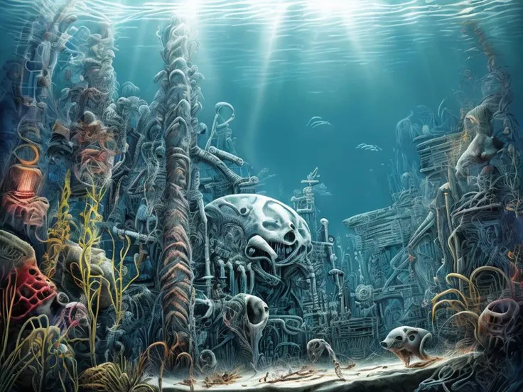 underwater scene with a giant octopus and many other creatures