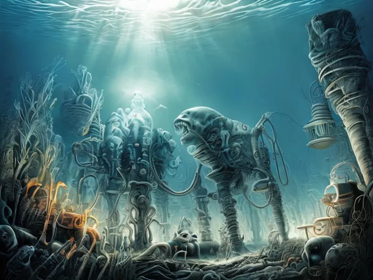 a painting of a group of people in a deep sea