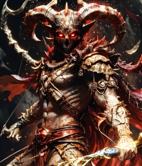 a close up of a demonic demon with a sword and a demon head