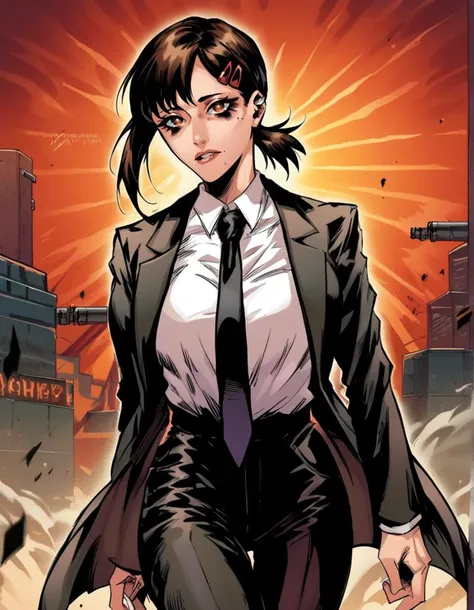 a woman in a suit and tie walking through a city