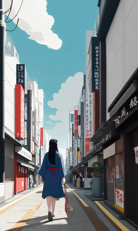 bes2024, best quality, cartoon, flat colors, masterpiece, trending on arstation, 1 girl walking in tokyo, blue eyes,